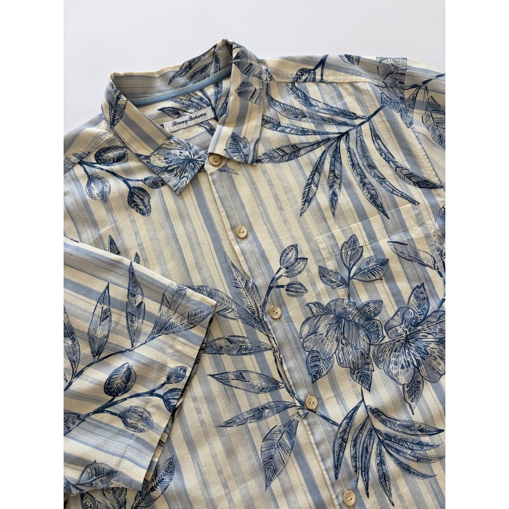 Tommy Bahama Mens Blue Striped Floral Tropical Short Sleeve Button Down Shirt